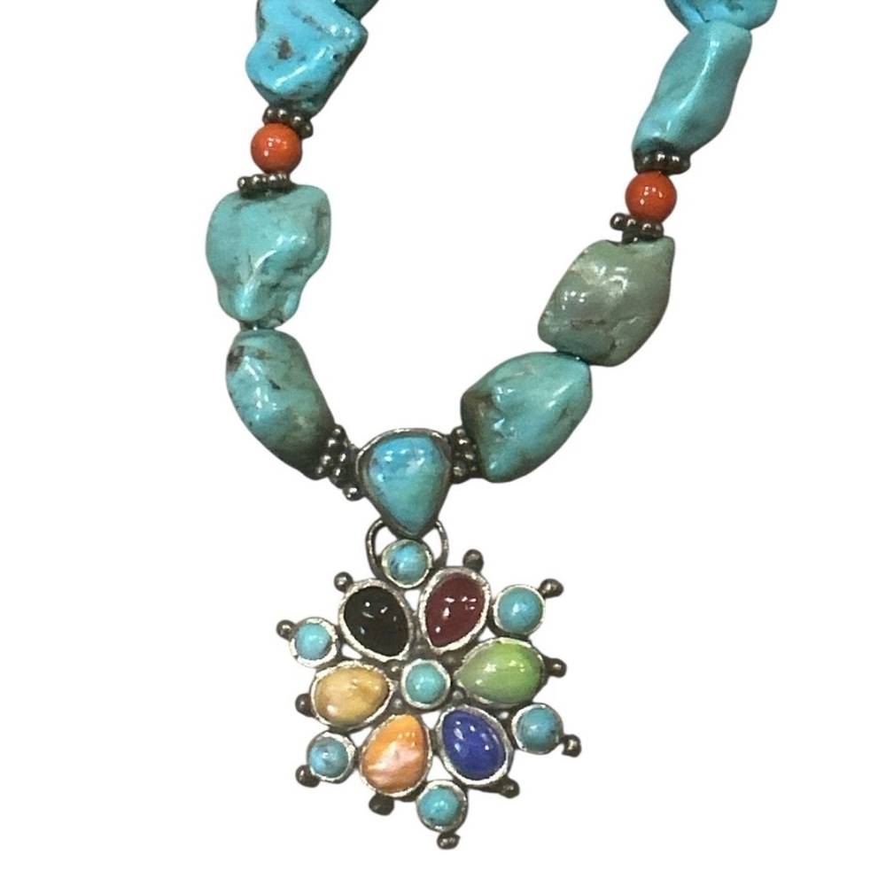 Studio Barse Blue and Red Necklace with Sunburst Pendant